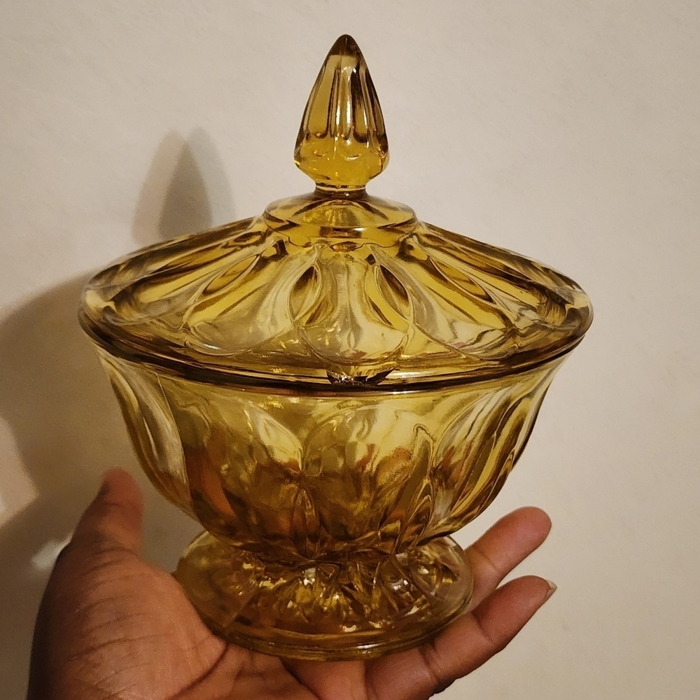 Vintage Amber Glass Candy Dish with Lid (Chip On Lid, 2 scratched areas)
